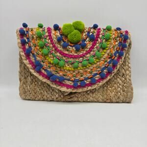 America & Beyond Pom Pom Jute Braided Clutch Bag Beach Summer Multicolor
